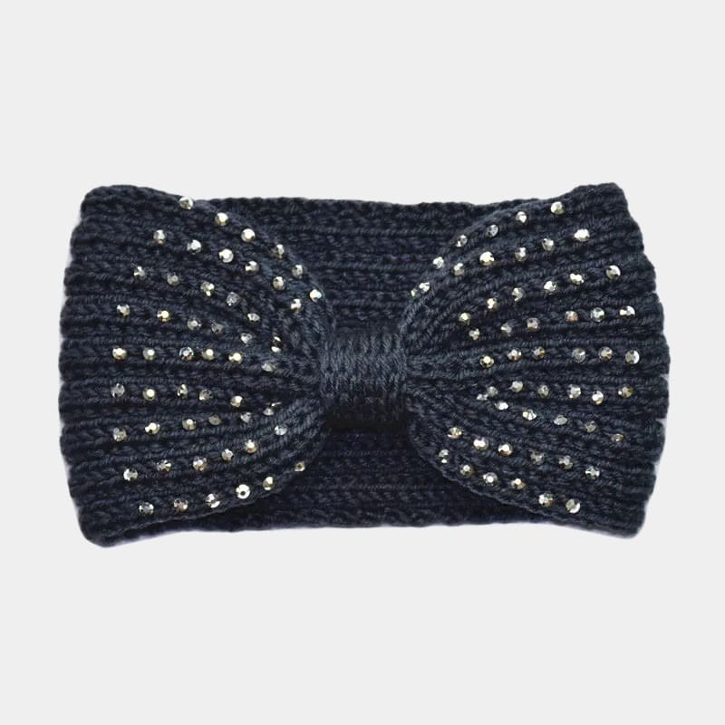 Bandeau en laine gris foncé avec perles et nœud