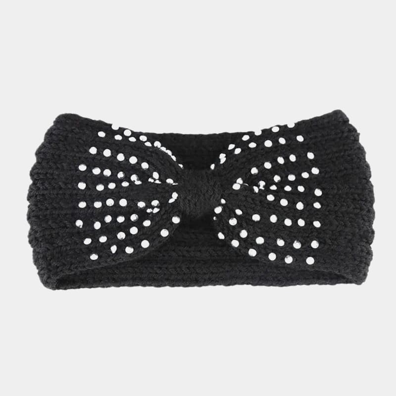 Bandeau en laine noir avec perles et nœud