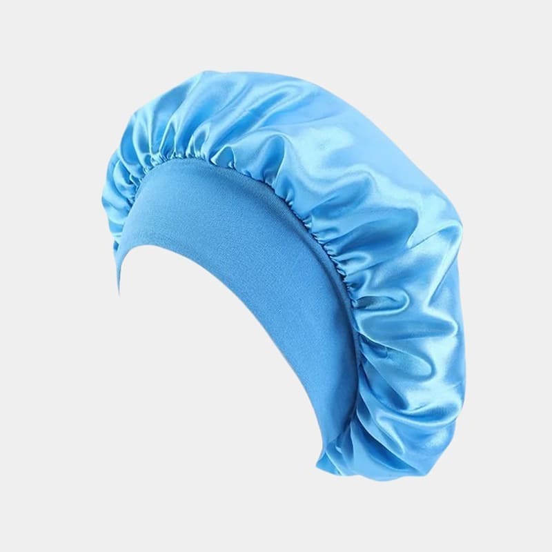 Bonnet de nuit en satin bleu ciel avec bandeau