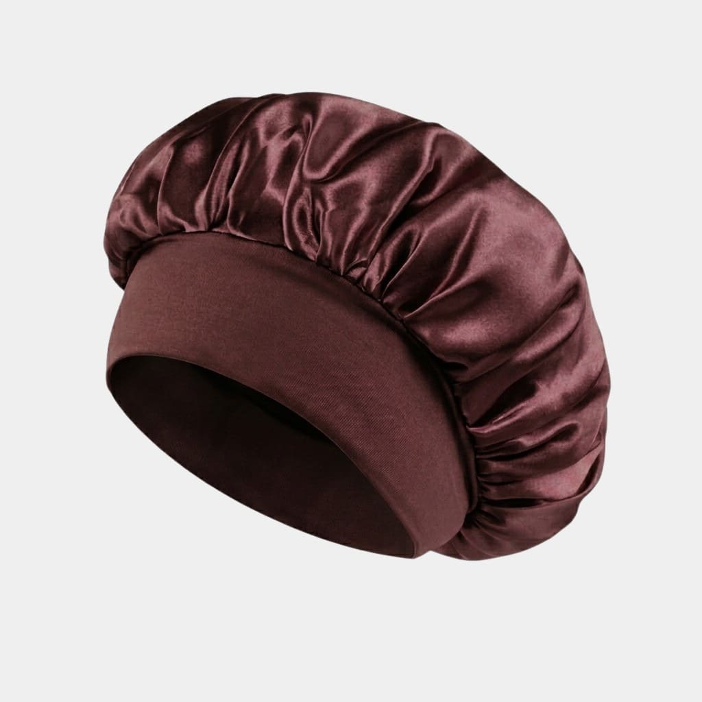 Bonnet de nuit en satin café avec bandeau
