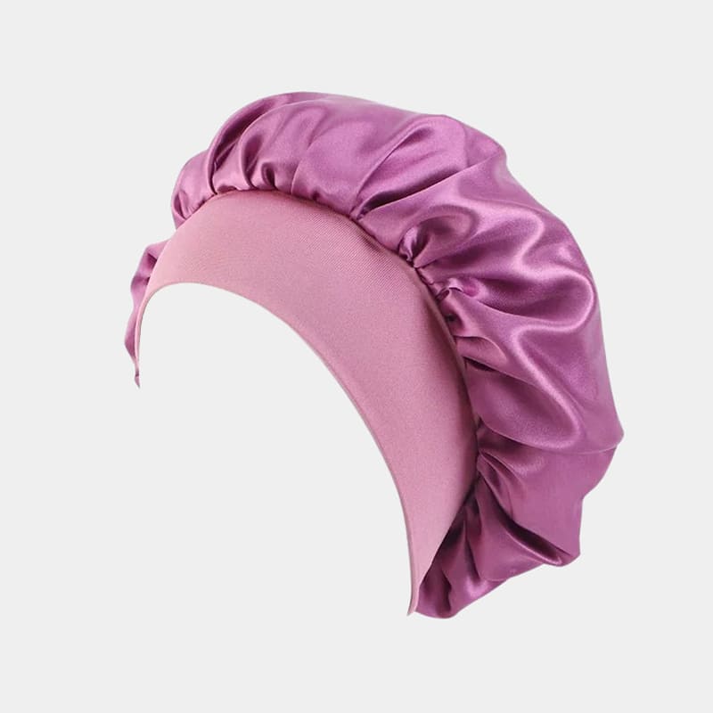 Bonnet de nuit en satin mauve avec bandeau