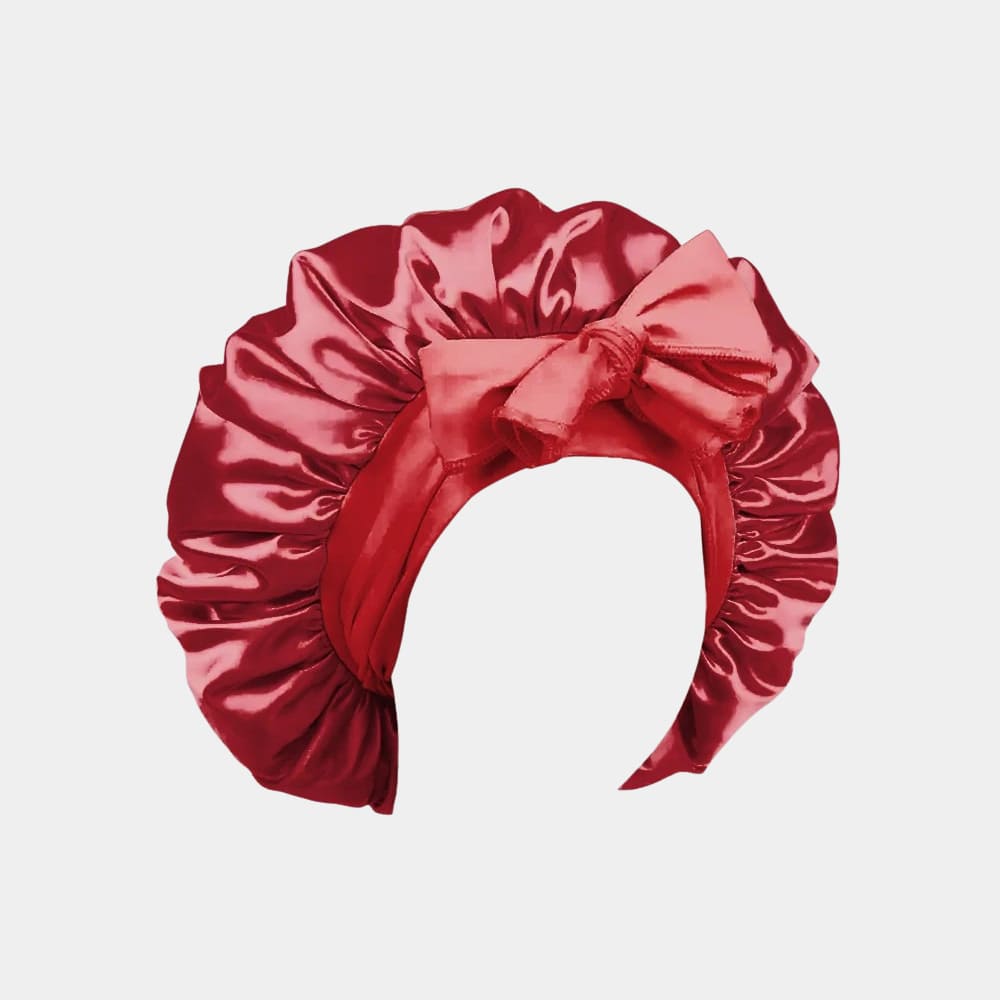Bonnet de nuit en satin rouge avec nœud ajustable