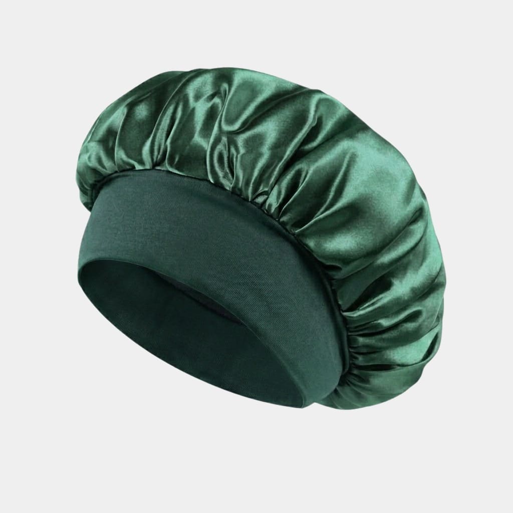 Bonnet de nuit en satin vert émeraude avec bandeau