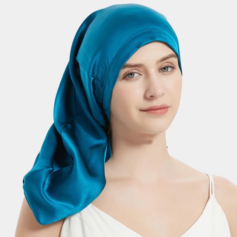 Bonnet de nuit en soie long bleu