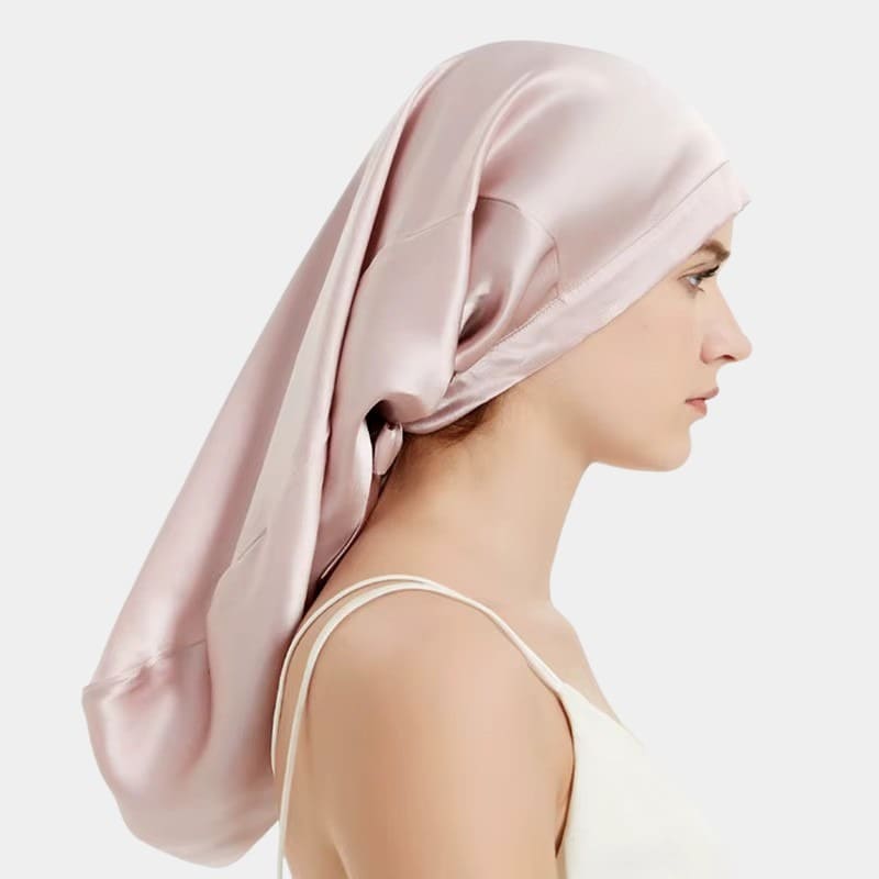 Bonnet de nuit en soie long rose poudré