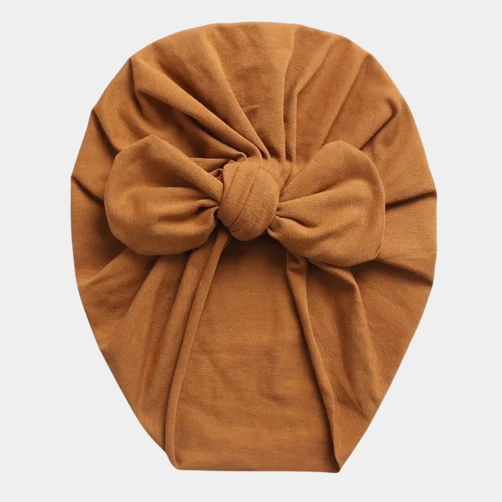 Turban bébé en coton marron avec nœud papillon