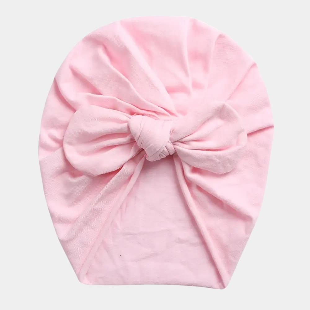 Turban bébé en coton rose avec nœud papillon