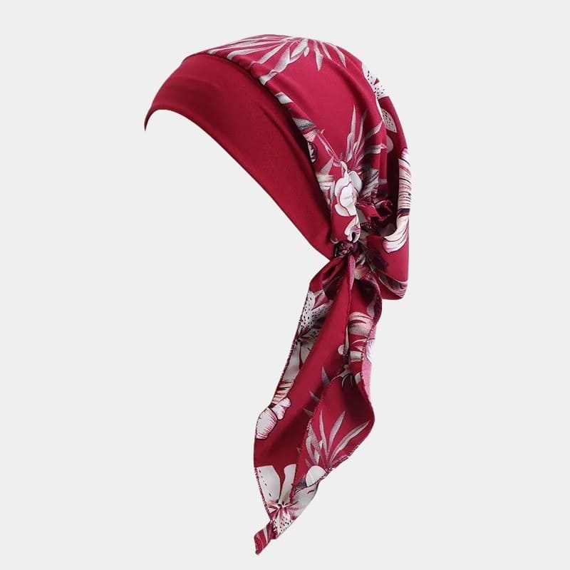 Turban foulard rouge à fleurs